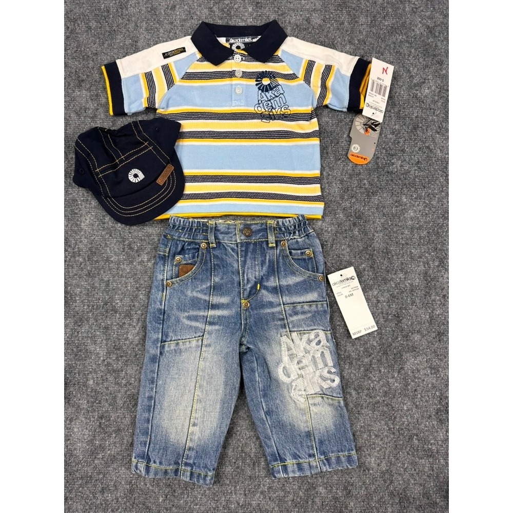 VTG Akademiks 3 Piece Set Baby Boy Outfit Polo Shirt‎ Denim Shorts Cap 0-6M NEW